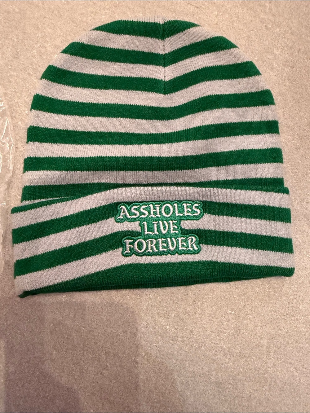 Green and Gray Striped Kids Beanie Hat with Embroidered Slogan